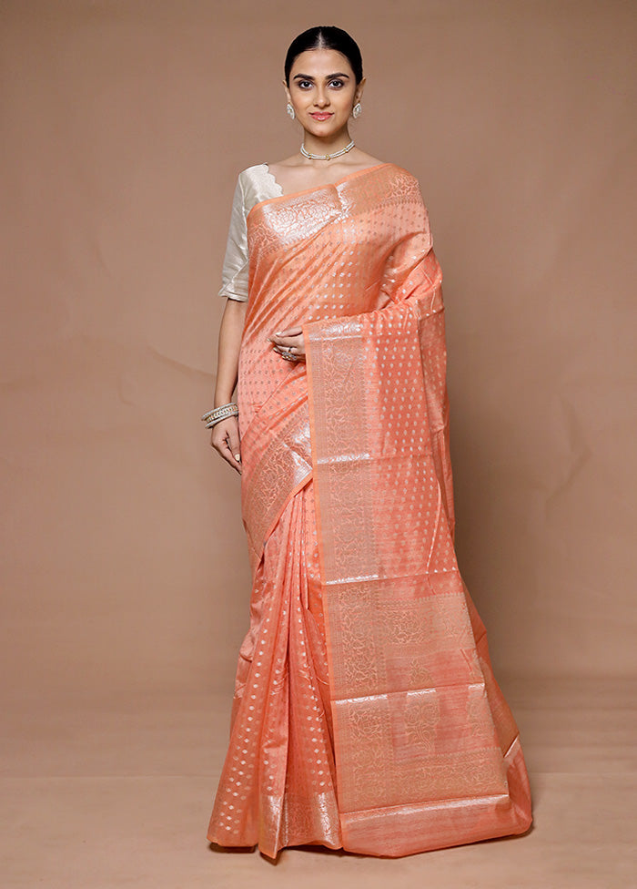 Peach Kora Silk Saree With Blouse Piece