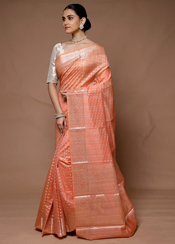 Peach Kora Silk Saree With Blouse Piece