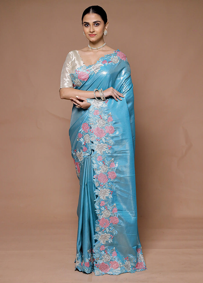 Blue Tissue Silk Saree With Blouse Piece