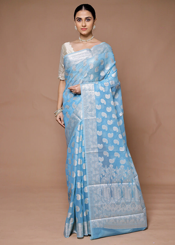 Blue Kora Silk Saree With Blouse Piece