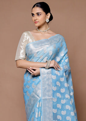 Blue Kora Silk Saree With Blouse Piece