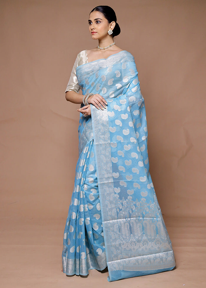 Blue Kora Silk Saree With Blouse Piece