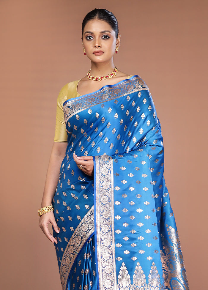 Blue Banarasi Silk Saree With Blouse Piece