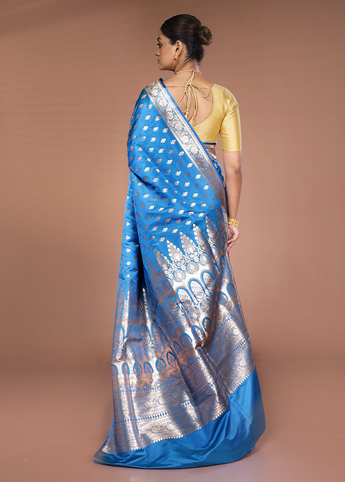 Blue Banarasi Silk Saree With Blouse Piece