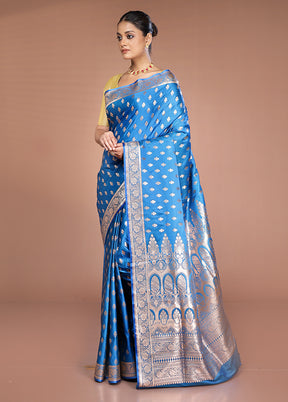 Blue Banarasi Silk Saree With Blouse Piece
