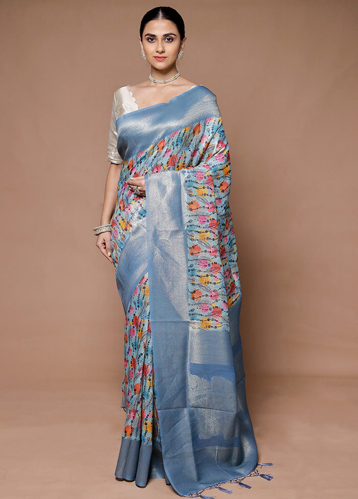 Blue Dupion Silk Saree With Blouse Piece