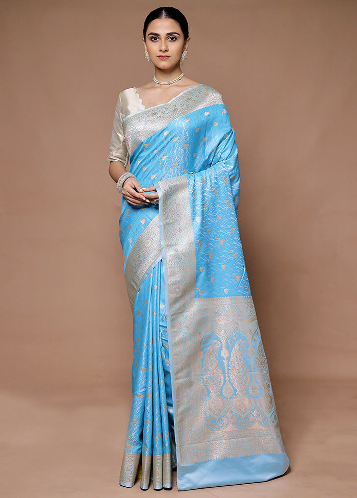 Blue Katan Silk Saree With Blouse Piece