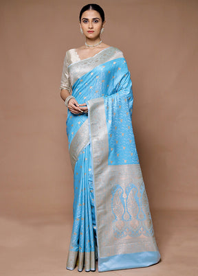 Blue Katan Silk Saree With Blouse Piece