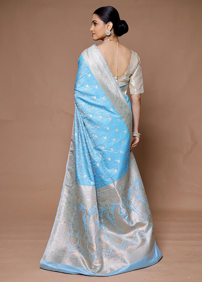 Blue Katan Silk Saree With Blouse Piece