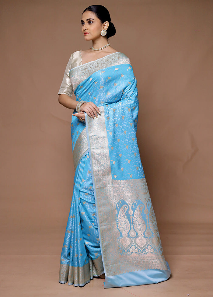 Blue Katan Silk Saree With Blouse Piece