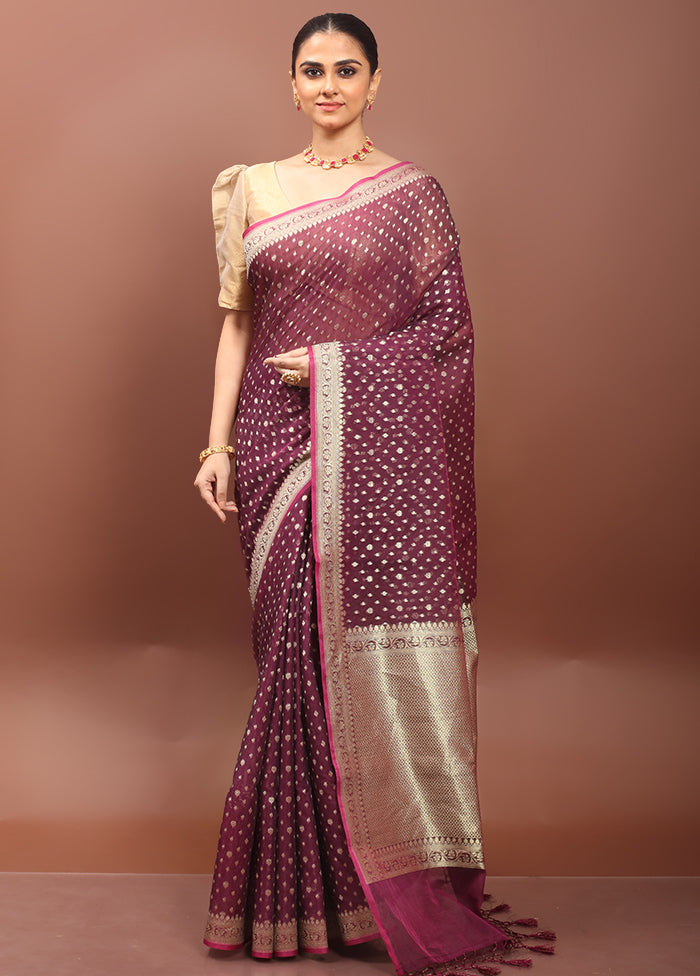 Maroon Kora Silk Saree With Blouse Piece