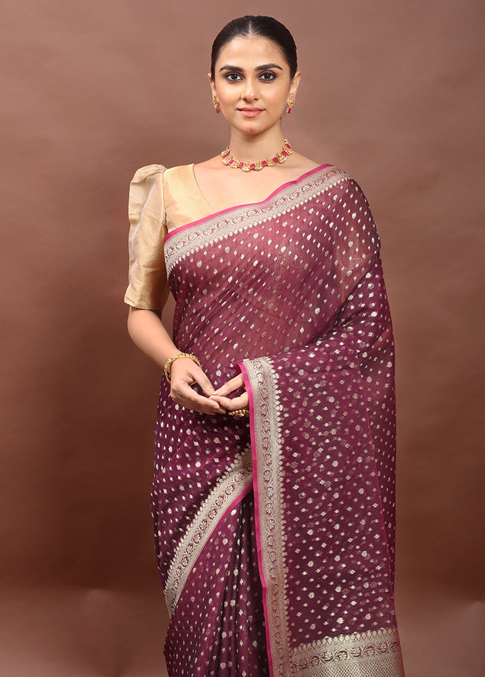 Maroon Kora Silk Saree With Blouse Piece