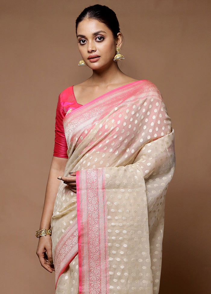 Cream Kora Silk Saree With Blouse Piece