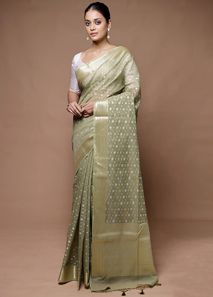 green Kora Silk Saree With Blouse Piece