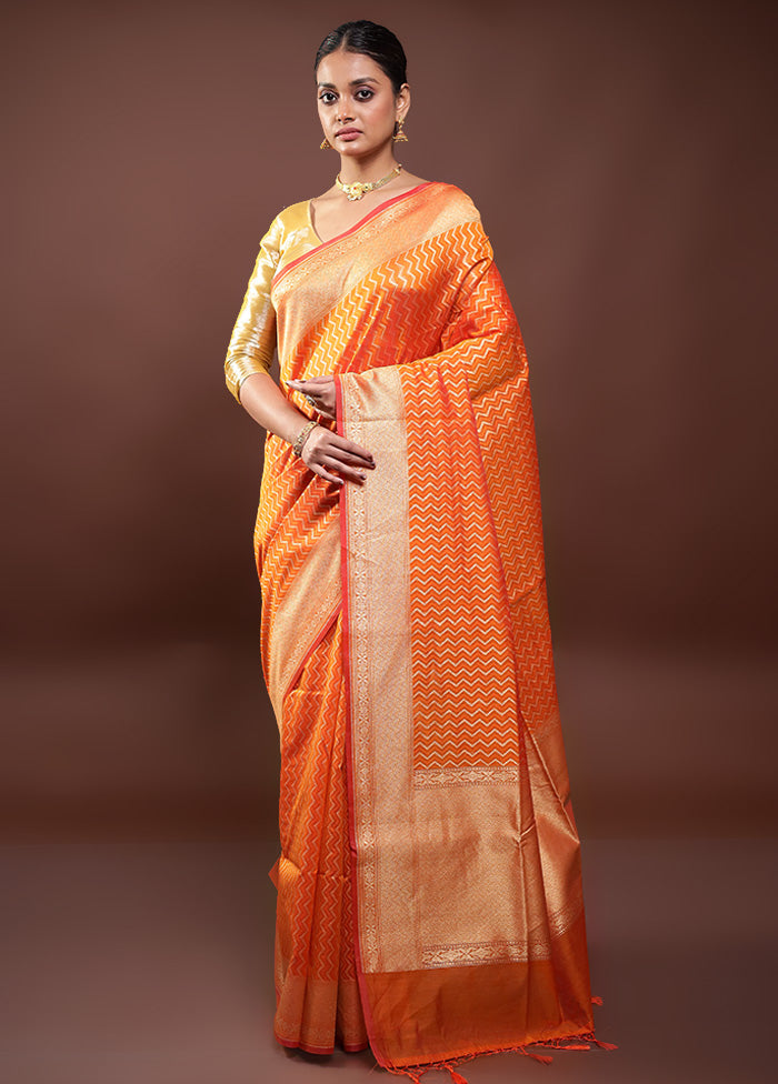 Orange Kora Silk Saree With Blouse Piece