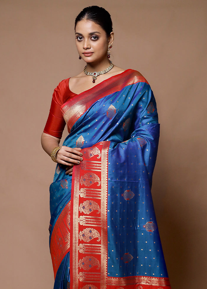 Blue Dupion Silk Saree With Blouse Piece