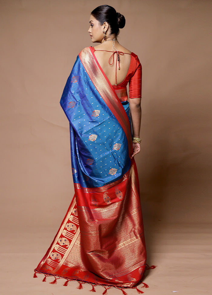 Blue Dupion Silk Saree With Blouse Piece