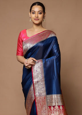 Blue Banarasi Silk Saree With Blouse Piece