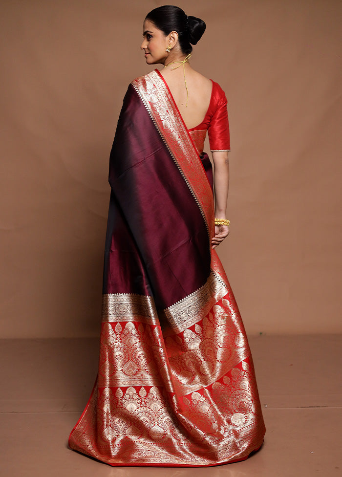 Maroon Banarasi Silk Saree With Blouse Piece