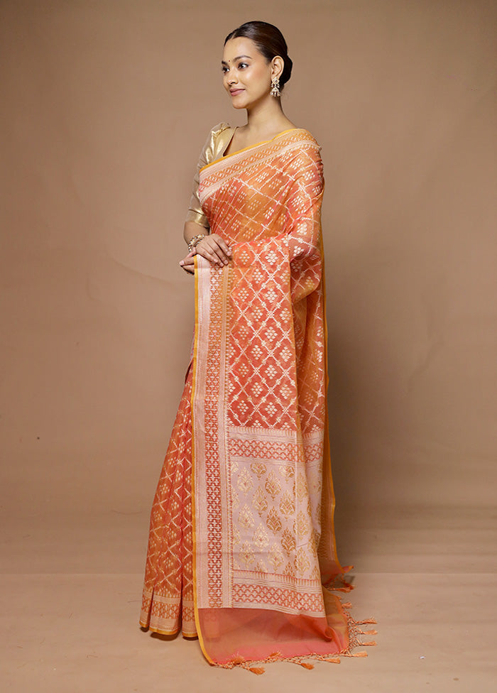 Orange Kora Silk Saree With Blouse Piece