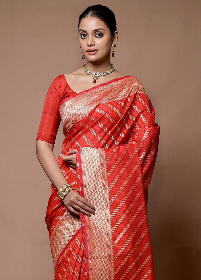 Orange Kora Silk Saree With Blouse Piece