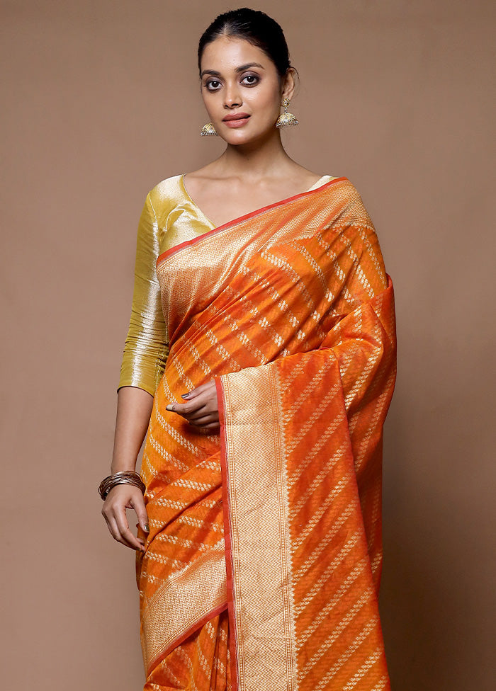 Orange Kora Silk Saree With Blouse Piece