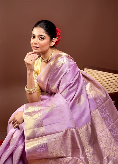 Pink Handloom Kanchipuram Pure Silk Saree With Blouse Piece