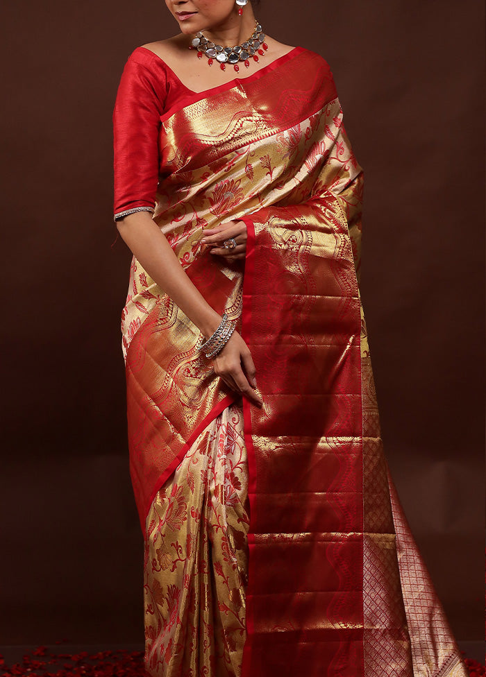 Gold Handloom Kanchipuram Pure Silk Saree With Blouse Piece