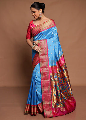 Blue Handloom Kanchipuram Pure Silk Saree With Blouse Piece