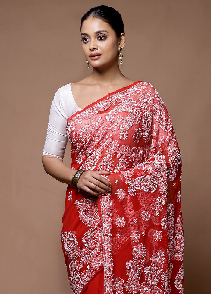 Red Handloom Pure Cotton Saree With Blouse Piece