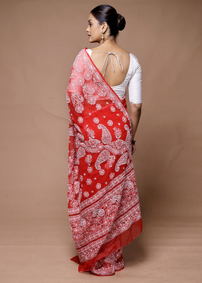 Red Handloom Pure Cotton Saree With Blouse Piece