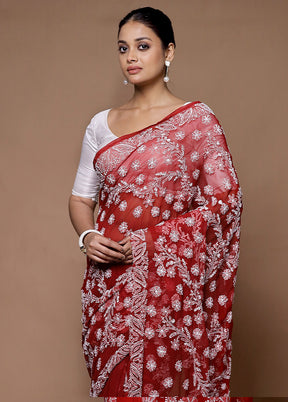 Red Handloom Pure Cotton Saree With Blouse Piece