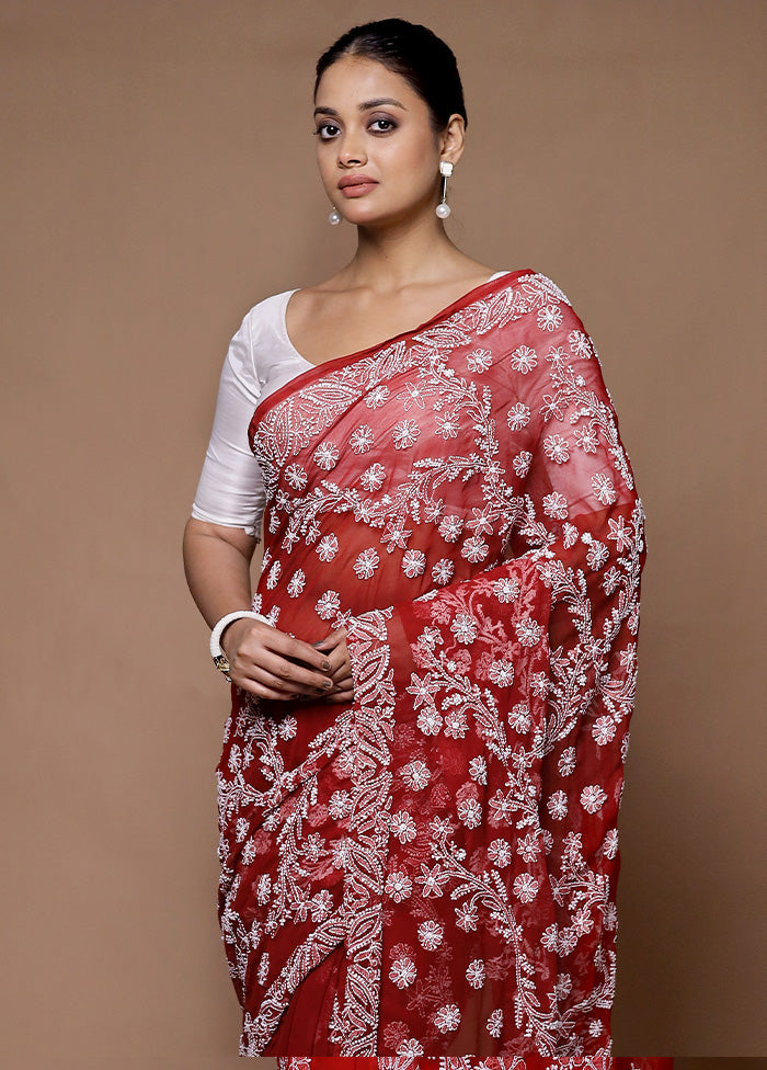 Red Handloom Pure Cotton Saree With Blouse Piece