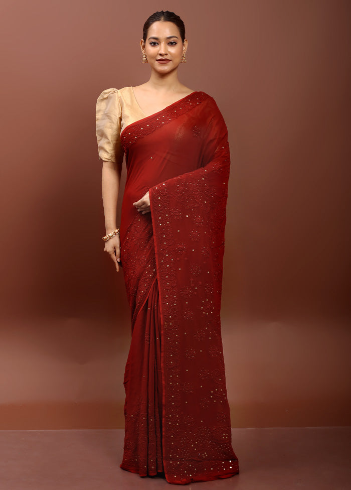 Red Pure Handloom Chikankari Saree With Blouse Piece