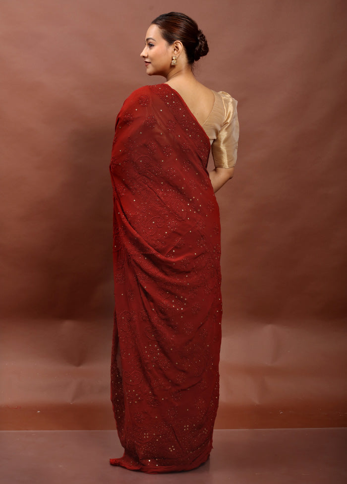 Red Pure Handloom Chikankari Saree With Blouse Piece