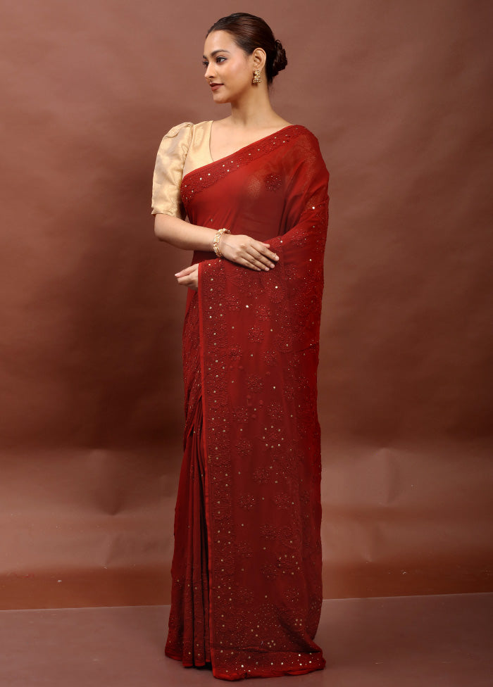 Red Pure Handloom Chikankari Saree With Blouse Piece