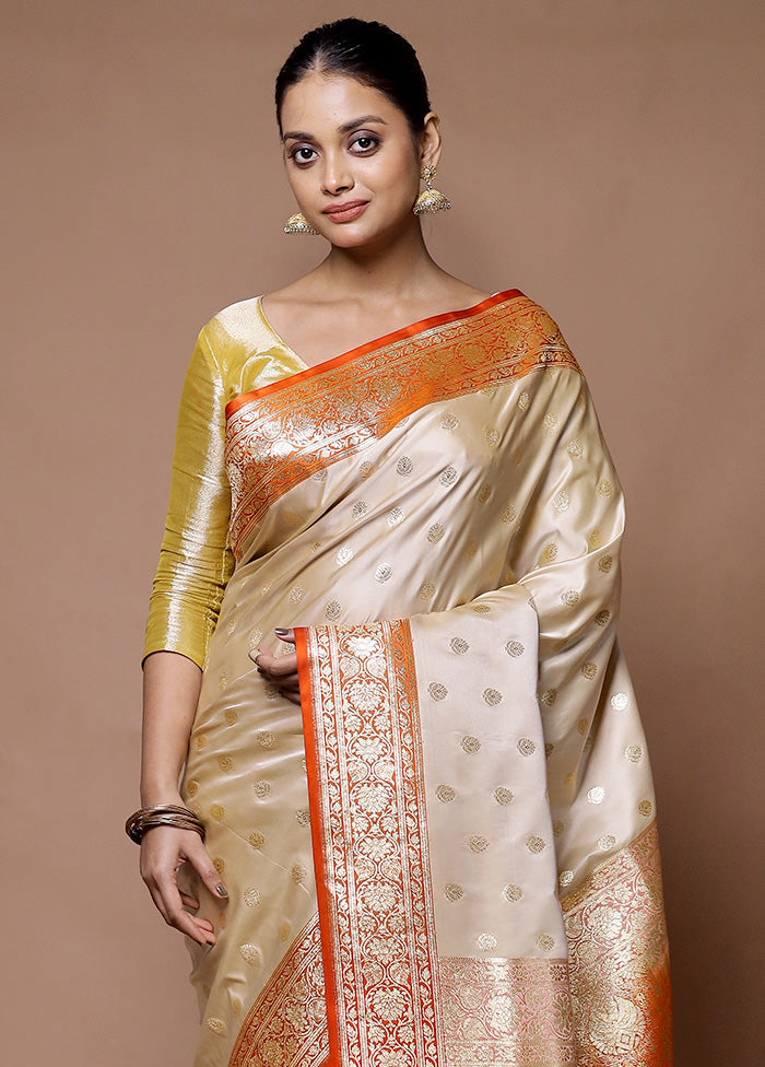 Cream Banarasi Silk Saree With Blouse Piece