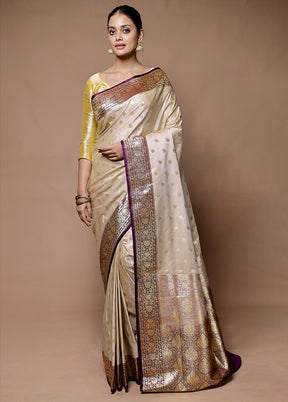 Cream Banarasi Silk Saree With Blouse Piece