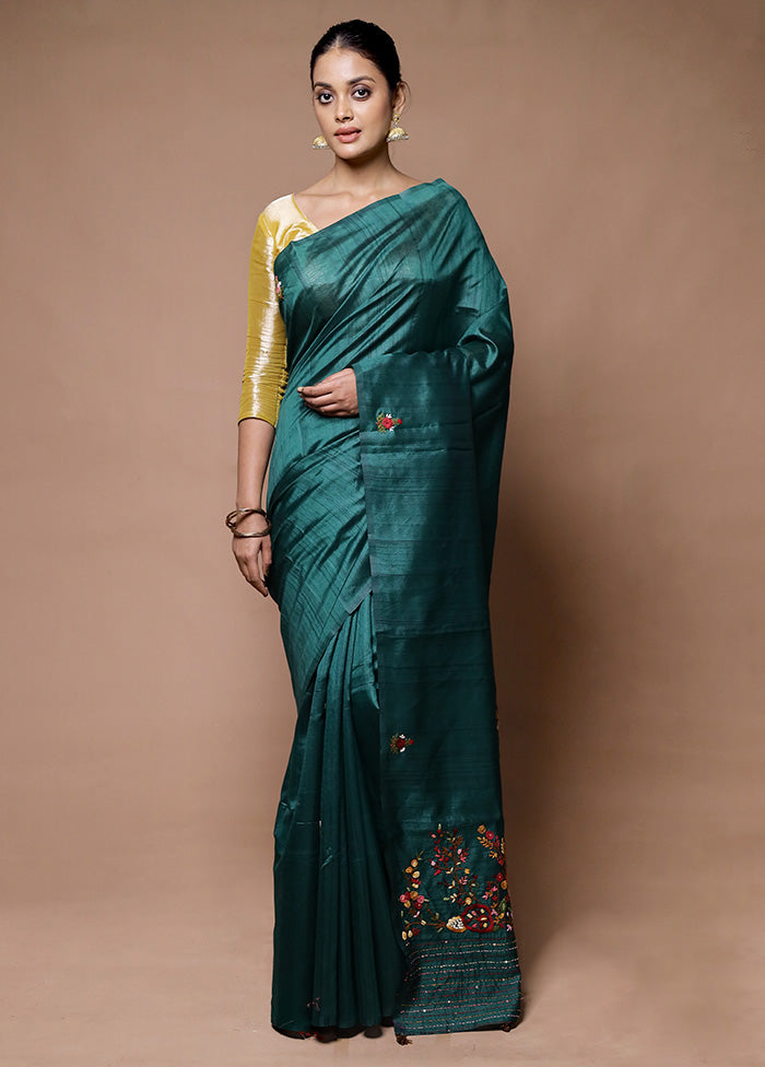 green Tussar Silk Saree With Blouse Piece