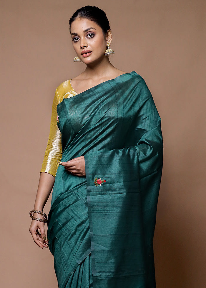 green Tussar Silk Saree With Blouse Piece