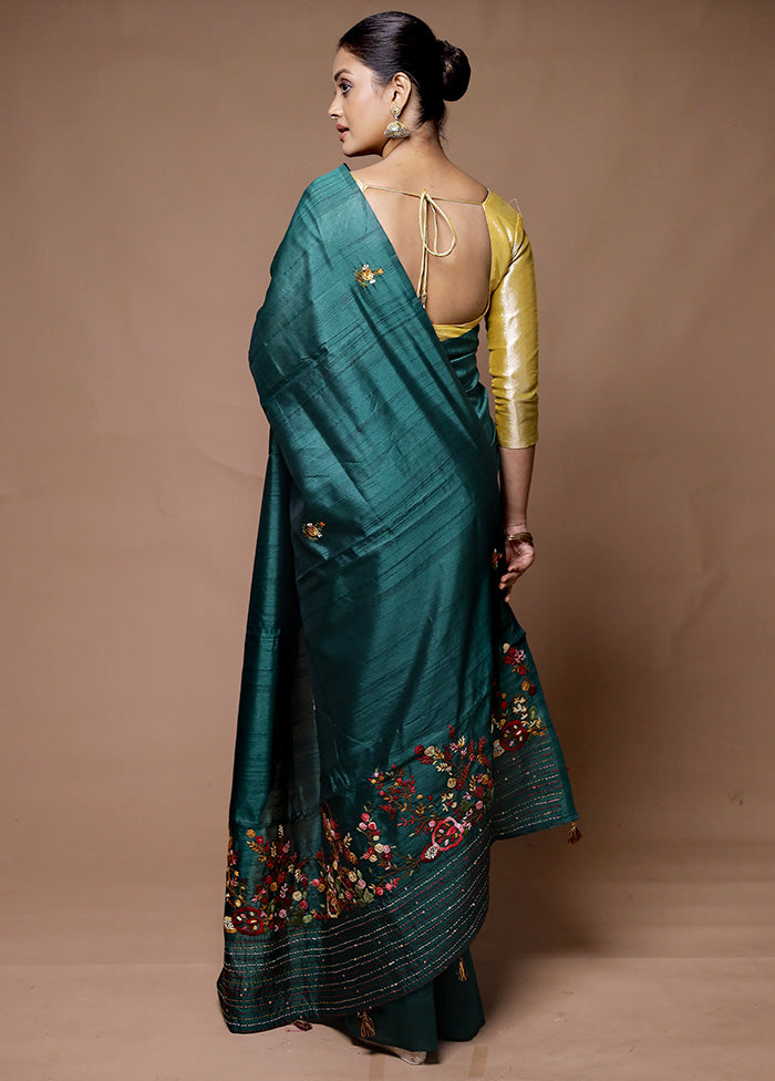 green Tussar Silk Saree With Blouse Piece