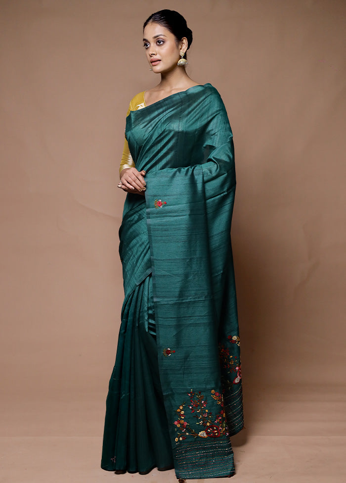 green Tussar Silk Saree With Blouse Piece