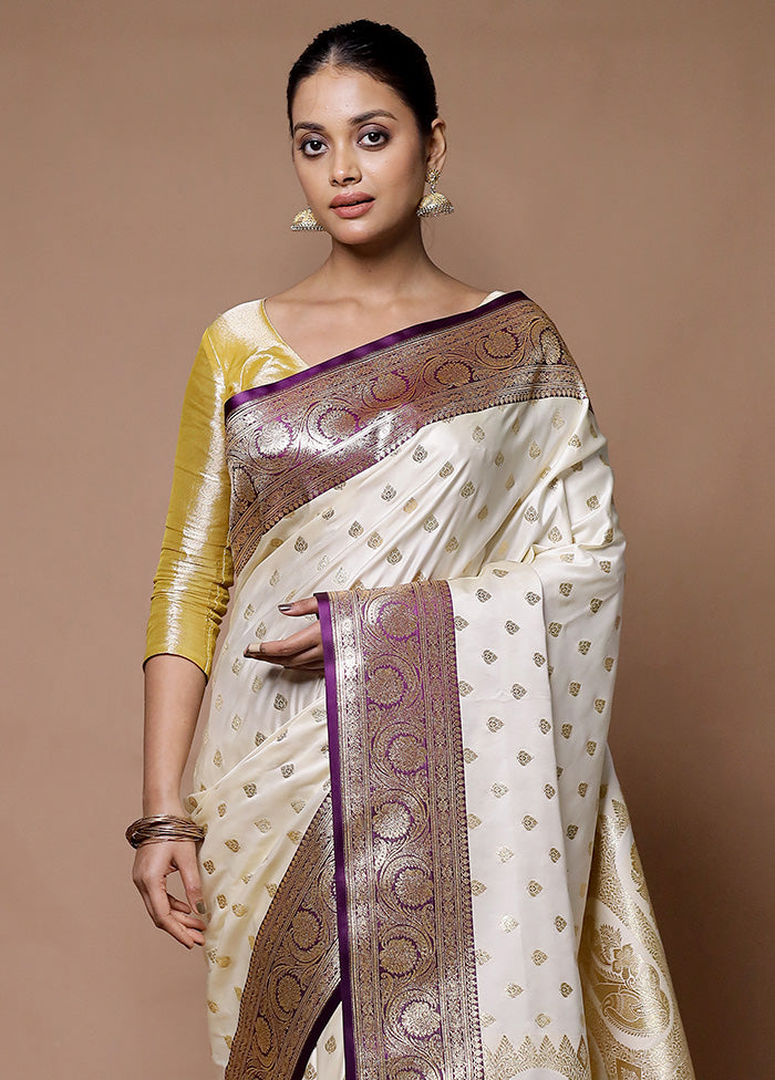 Cream Banarasi Silk Saree With Blouse Piece