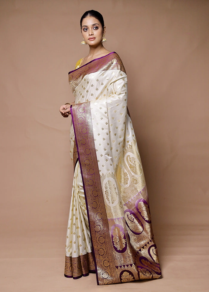 Cream Banarasi Silk Saree With Blouse Piece