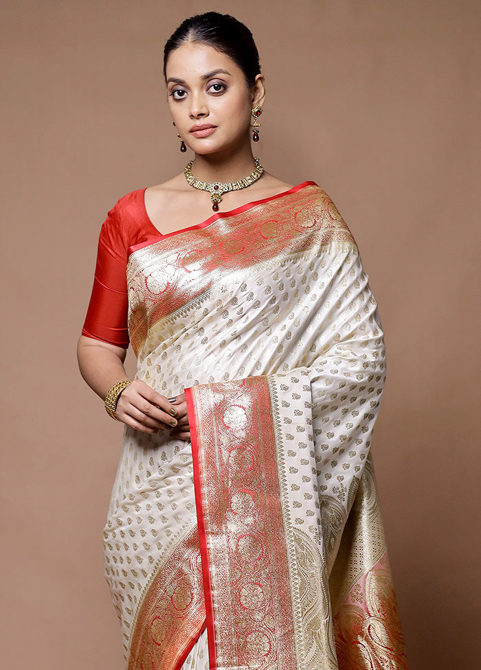 Cream Banarasi Silk Saree With Blouse Piece