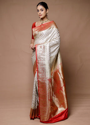 White Banarasi Silk Saree With Blouse Piece