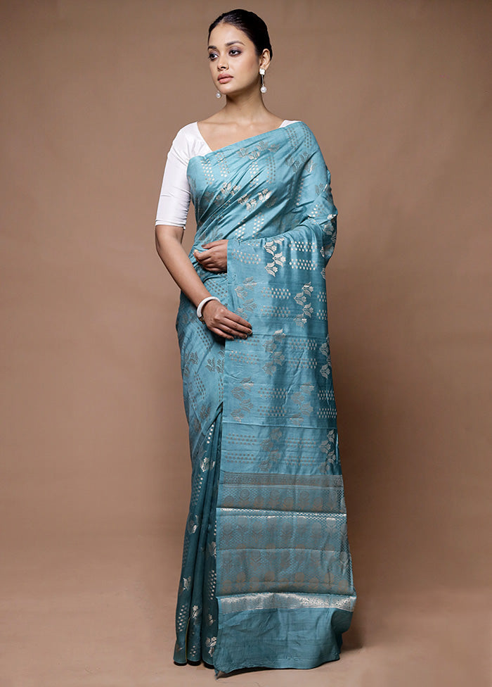 Blue Dupion Silk Saree With Blouse Piece