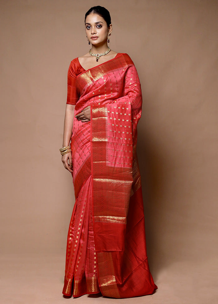 Red Handloom Dupion Pure Silk Saree With Blouse Piece