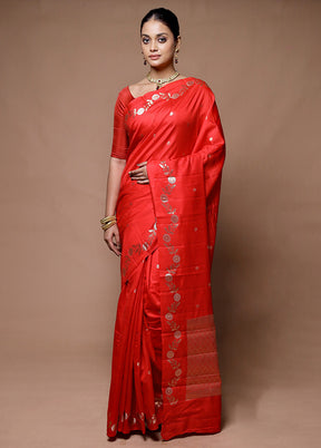 Red Handloom Dupion Pure Silk Saree With Blouse Piece