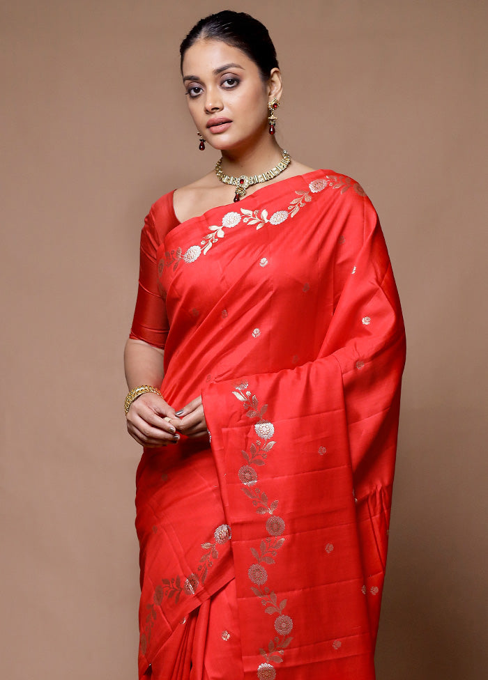 Red Handloom Dupion Pure Silk Saree With Blouse Piece